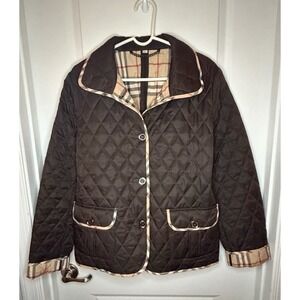 Burberry Quilted Brown Puffer Check Pattern Lined Designer Jacket Women's 2XL